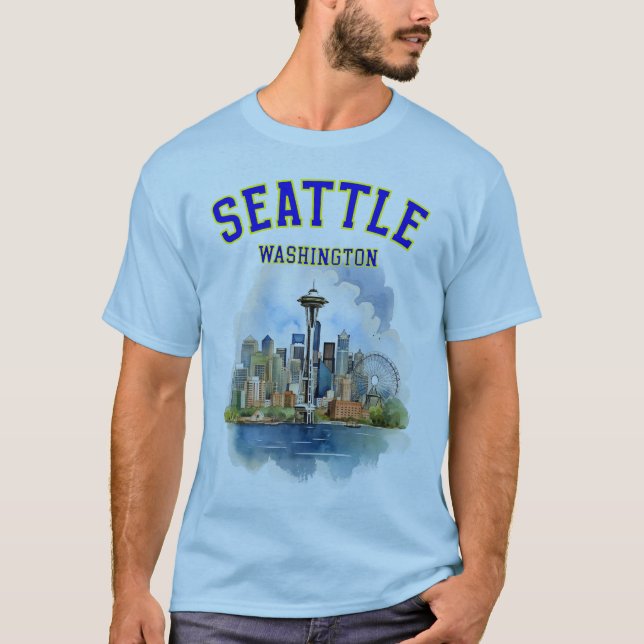 Camiseta Seattle Washington: Línea aérea del asiento y aguj (Anverso)