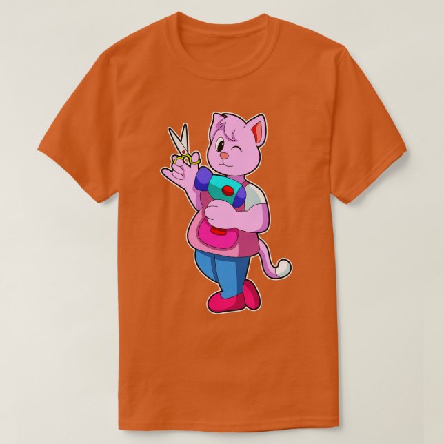 Camiseta Secador de pelo de gato como peluquero con tijeras (Diseño del anverso)