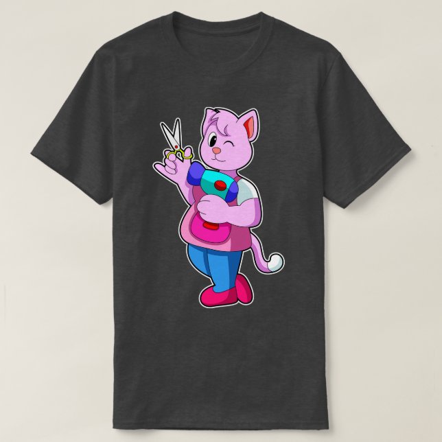 Camiseta Secador de pelo de gato como peluquero con tijeras (Diseño del anverso)