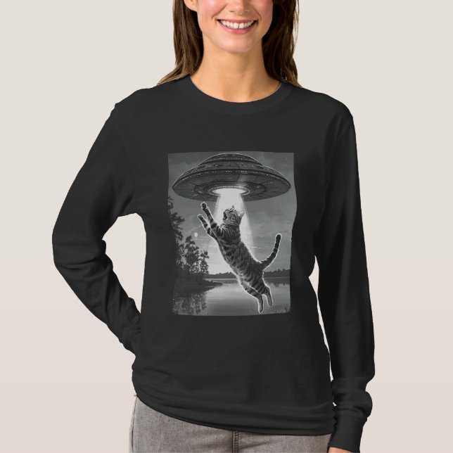 Camiseta Secuestro Alienígena Gatos De OVNI Volando Espacio (Anverso)