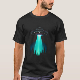 Camiseta Secuestro OVNI de neón sobre bosque de pinos