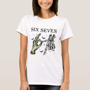 Camiseta Seis Siete 6 7 Meme Divertida Bruja Manos Esquelet