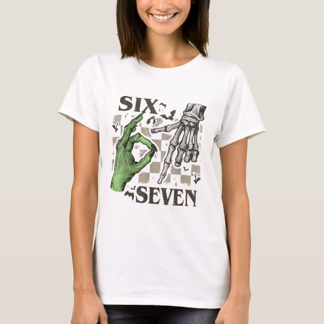 Camiseta Seis Siete Señal de Mano de Esqueleto Meme Hallowe (Anverso)