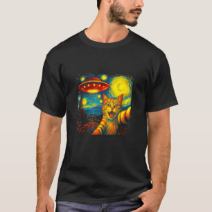 Camiseta Selfie De Gato Con Alien UFO Graciosa Cama De Noch