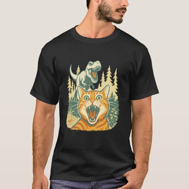 Camiseta Selfie de gato con dinosaurio T Rex (Anverso)