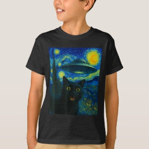 Camiseta Selfie de gato con ovni alienígena noche Van Gogh 