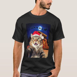 Camiseta Selfie de gato con Santa, renos y trineo divertido