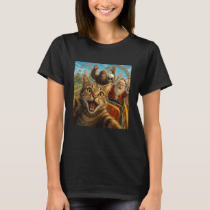 Camiseta Selfie Divertida de Gato con Santa Claus en Montañ