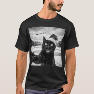 Camiseta Selfie divertida de gato negro con Santa en pijama