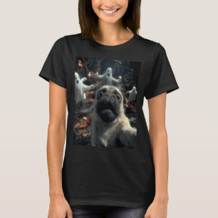 Camiseta Selfie Divertida de Pug con Fantasmas en el Bosque