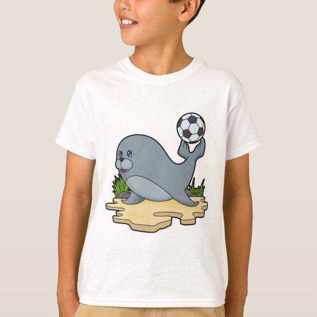 Camiseta Sellar como jugador de fútbol con fútbol (Anverso)