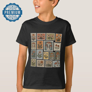 Camiseta Sello botánico vintage con flores y hongos