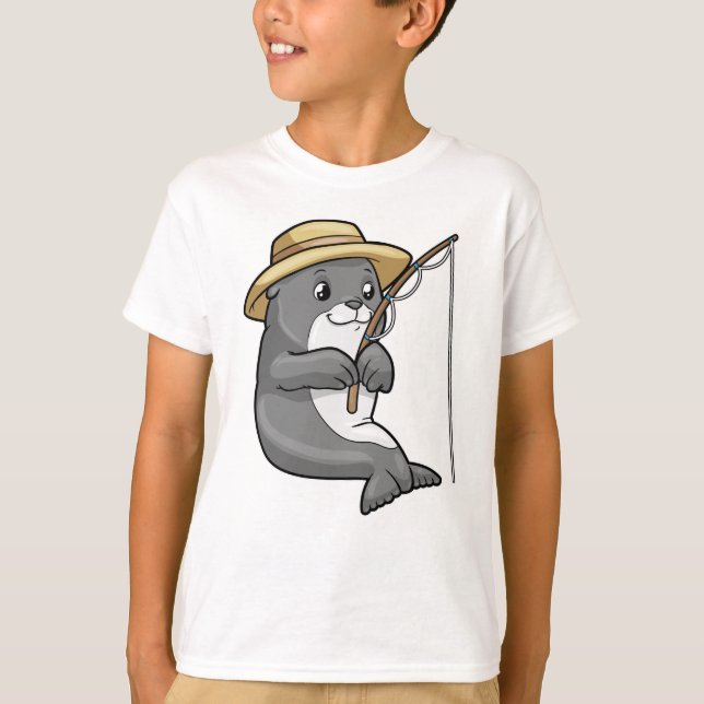 Camiseta Sello en la pesca con barra de pesca y Gorra (Anverso)