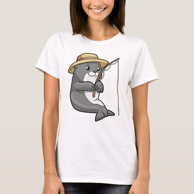 Camiseta Sello en la pesca con barra de pesca y Gorra (Anverso)