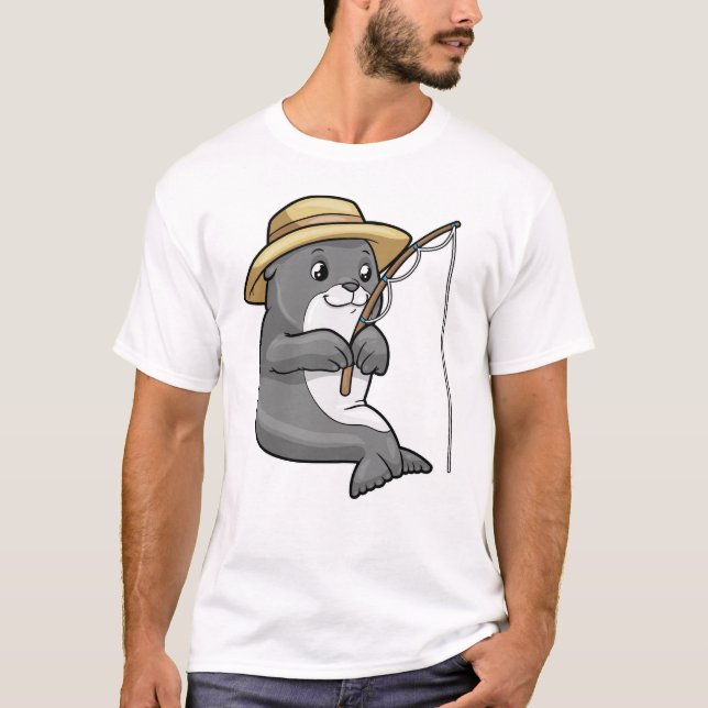 Camiseta Sello en la pesca con barra de pesca y Gorra (Anverso)