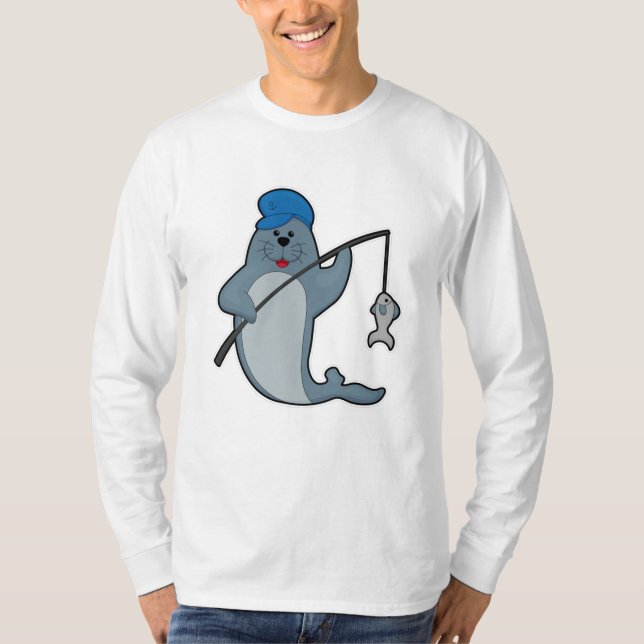 Camiseta Sello en la pesca con caña y pescado (Anverso)
