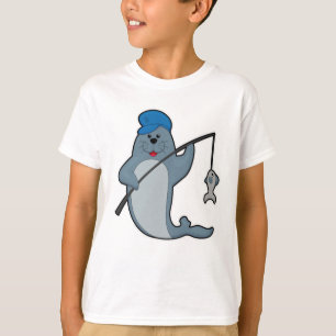 Camiseta Sello en la pesca con caña y pescado