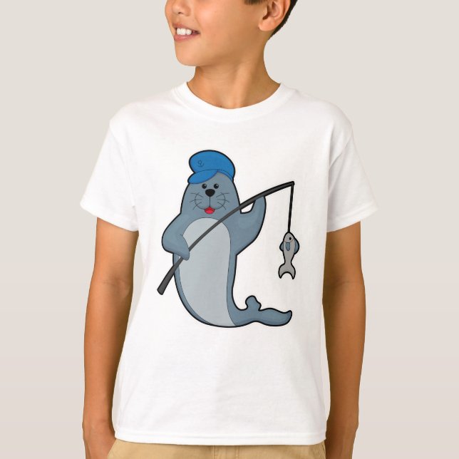 Camiseta Sello en la pesca con caña y pescado (Anverso)