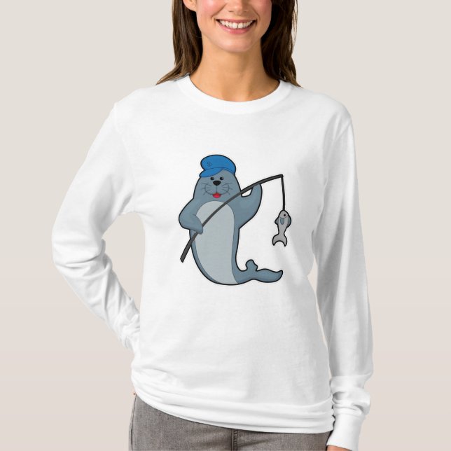 Camiseta Sello en la pesca con caña y pescado (Anverso)