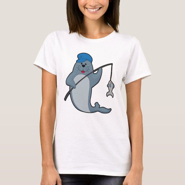 Camiseta Sello en la pesca con caña y pescado (Anverso)