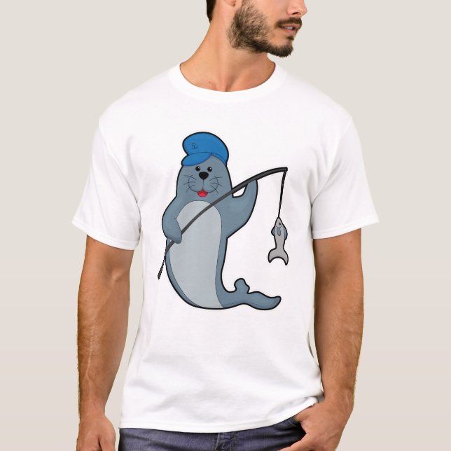 Camiseta Sello en la pesca con caña y pescado (Anverso)