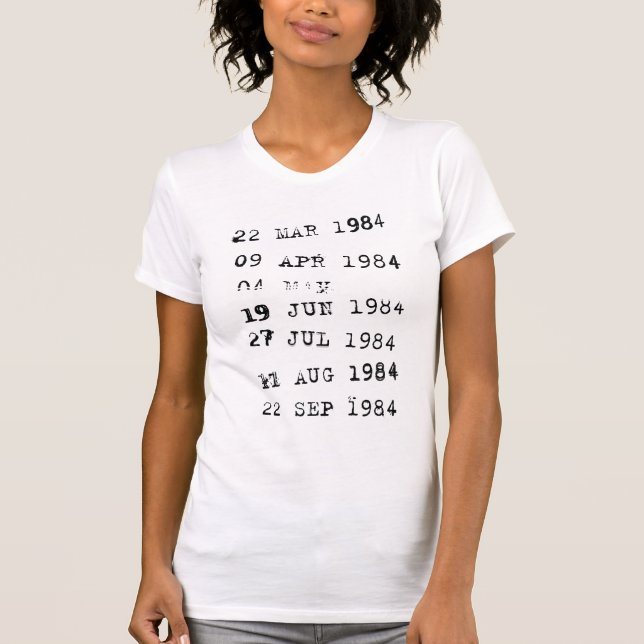 Camiseta Sellos de biblioteca Fecha de vencimiento 1984 (Anverso)