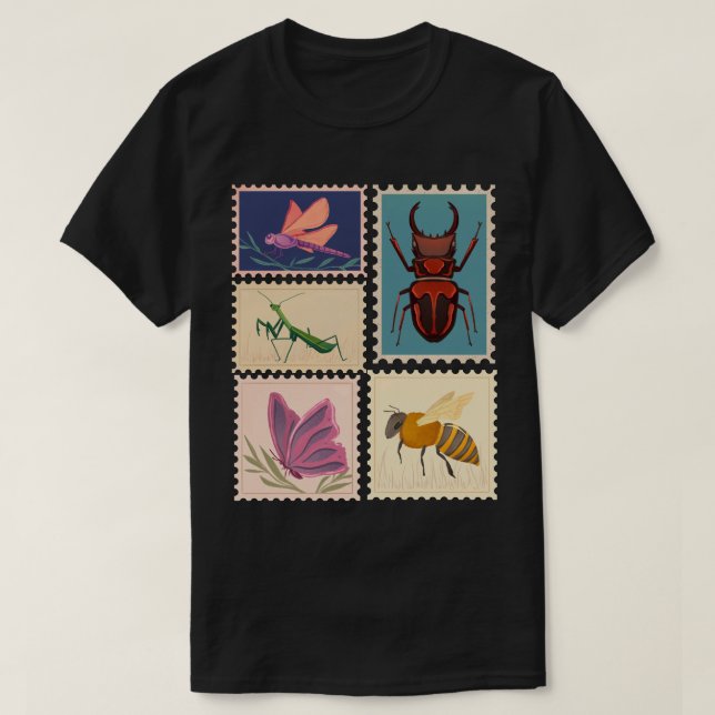 Camiseta Sellos Postales Antiguos de Insectos (Diseño del anverso)