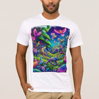 Camiseta Selva psicodélica - Animales vibrantes y aves en
