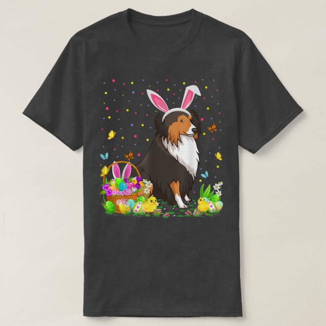 Camiseta Semana Santa Sheltie Perro conejito Huevo caza She (Diseño del anverso)
