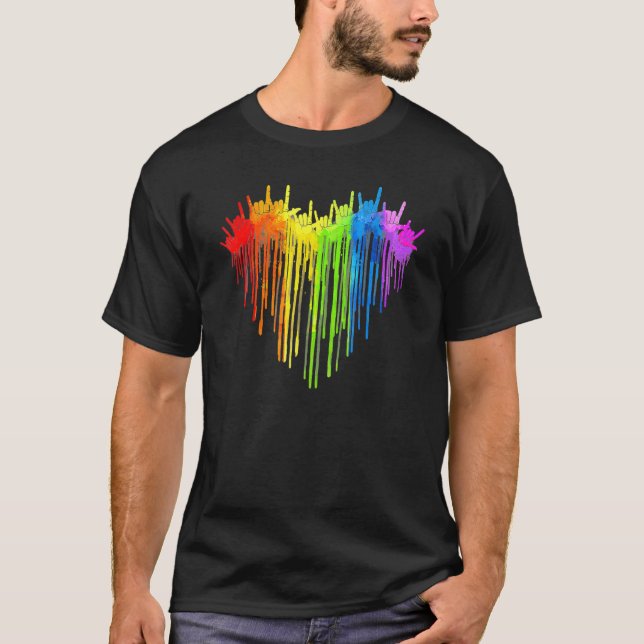 Camiseta Señal de mano Te Amo Corazón Arcoíris ASL Orgullo  (Anverso)