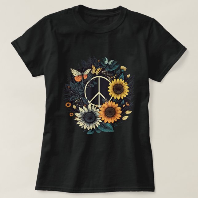 Camiseta SEÑAL DE PAZ AMAR Hippie de girasol (Diseño del anverso)