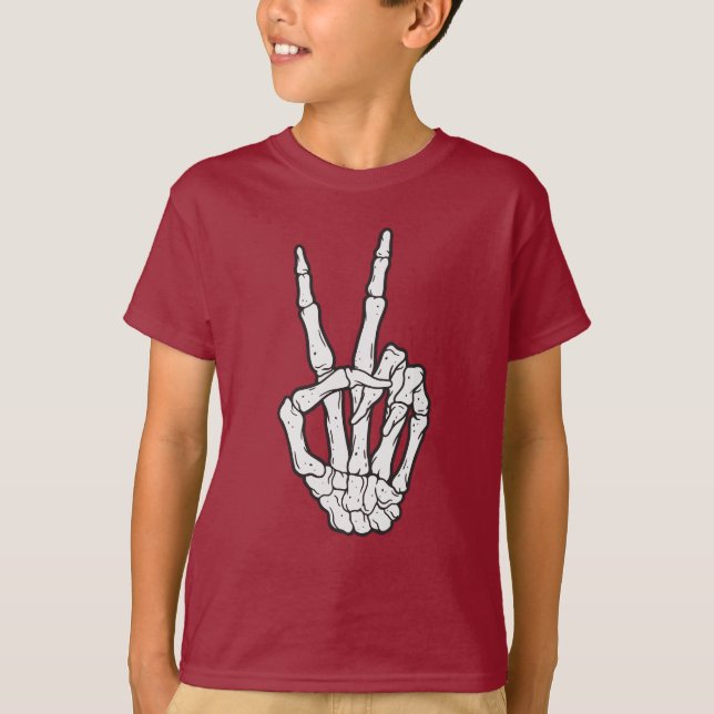 Camiseta Señal de paz con la mano del esqueleto (Anverso)
