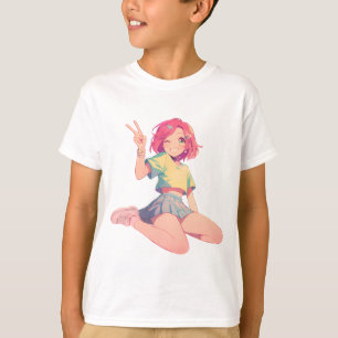 Camiseta Señal de Paz de Anime - Niña de Anime de pelo rosa