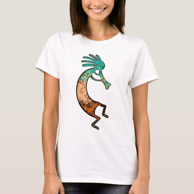 Camiseta Sencillo dibujo de Kokopelli en Naranja y azul (Anverso)