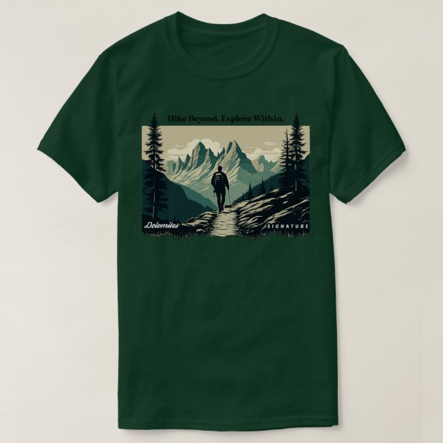 Camiseta Senderismo por los Dolomitas, más allá de explorar (Diseño del anverso)