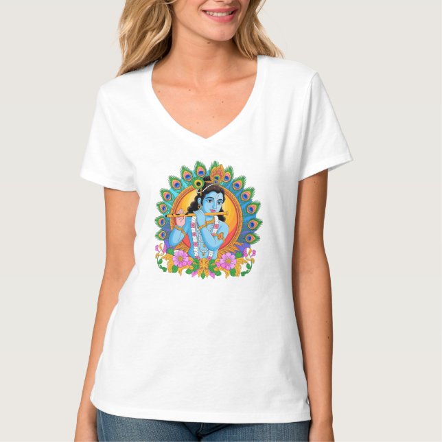 Camiseta Señor Krishna tocando la flauta con plumas de pavo (Anverso)