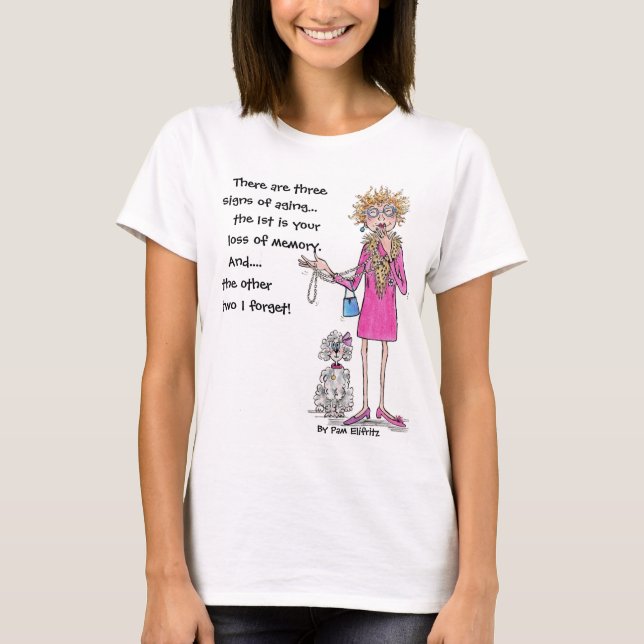 Camiseta Señora en rojo dibujando texto de envejecimiento o (Anverso)