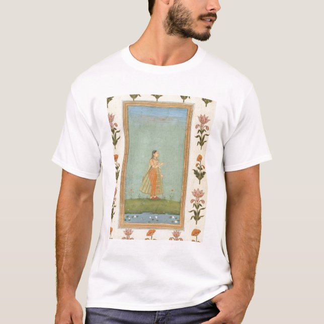 Camiseta Señora que sostiene una flor, haciendo una pausa (Anverso)