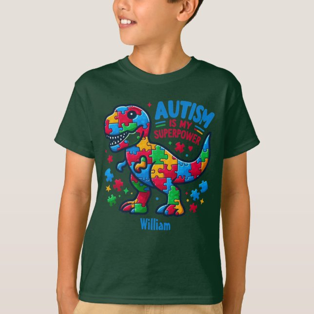 Camiseta Sensibilización sobre autismo Superpoder de Dino T (Anverso)