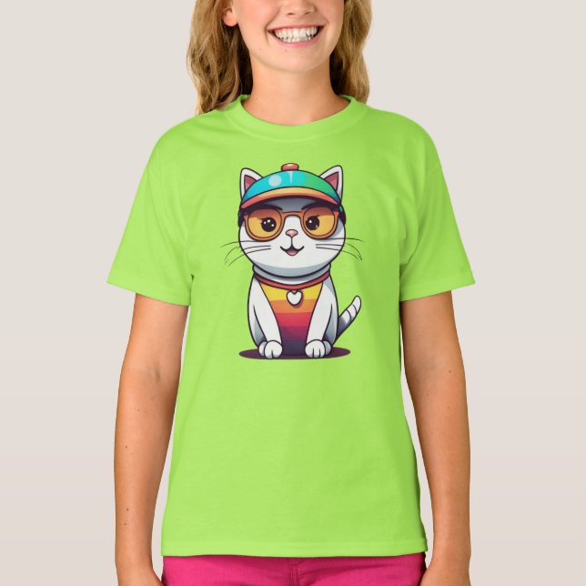 Camiseta Sentado Gato Con Gafas Y Gorra (Anverso)