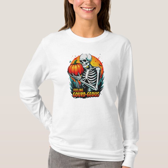 Camiseta "Sentiendo Gourd-geous" Skeleton Hand Halloween Te (Anverso)