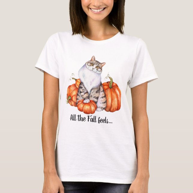 Camiseta Sentimientos de caída de gato y calabazas acuarela (Anverso)