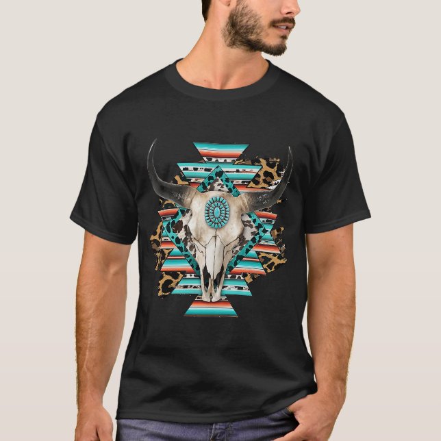 Camiseta Serape Occidental Aztec Cow Cow Bull Skull Cowgirl (Anverso)