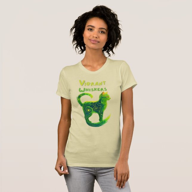 Camiseta Serene Glow: Gato artístico en verde y amarillo (Anverso completo)