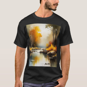 Camiseta Serene vibrante pintura del paisaje del río Otoño