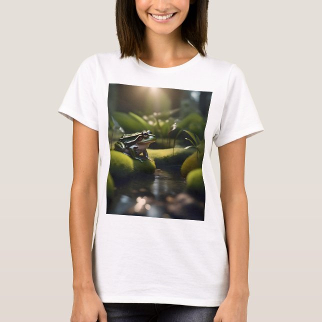 Camiseta Serenidad Esmeralda: Una rana verde junto al río, (Anverso)