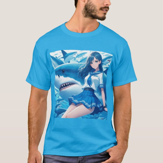 Camiseta Serenidad Submarina: Marinera y Tiburón Blanco (Anverso)