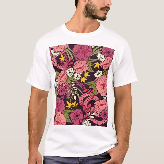 Camiseta Serpientes de jungla, flores tropicales, patrón vi (Anverso)