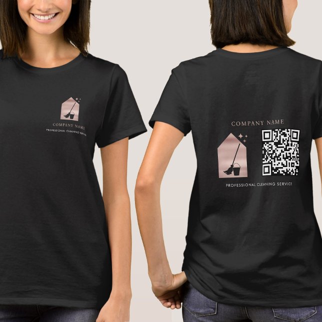 Camiseta Servicio de limpieza Logo de oro rosa Código QR Ne (Cleaning Service Rose Gold Logo QR Code Black T-Shirt)