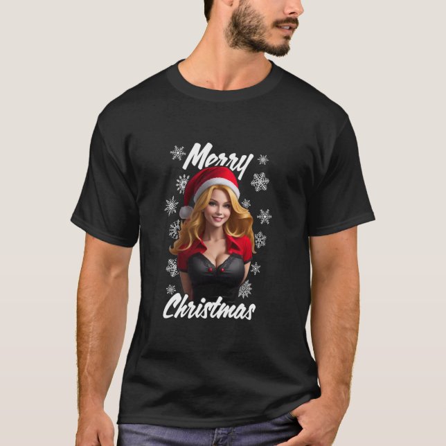 Camiseta Sexy Chica usando Santa Hat Merry Flirty navideño (Anverso)